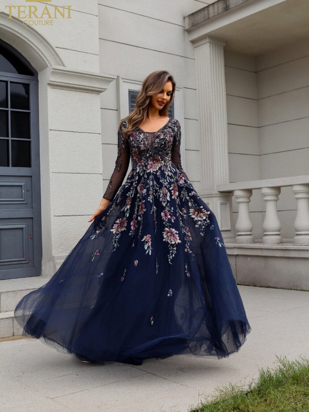 Terani Couture 251M4408 - Sheer Sleeve Floral Beaded Ballgown